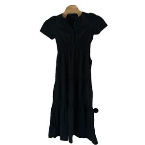 Quince Women's 100% Organic Cotton Poplin Tiered Maxi‎ Dress Black Small Pockets